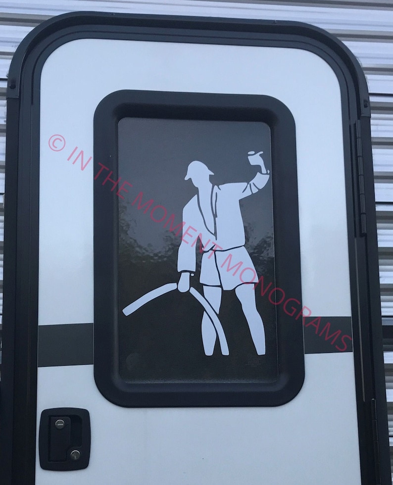 May include: A white silhouette of a person holding a hose in a black window frame. The text "&copy; IN THE MOMENT MONOGRAMS" is visible in the background.