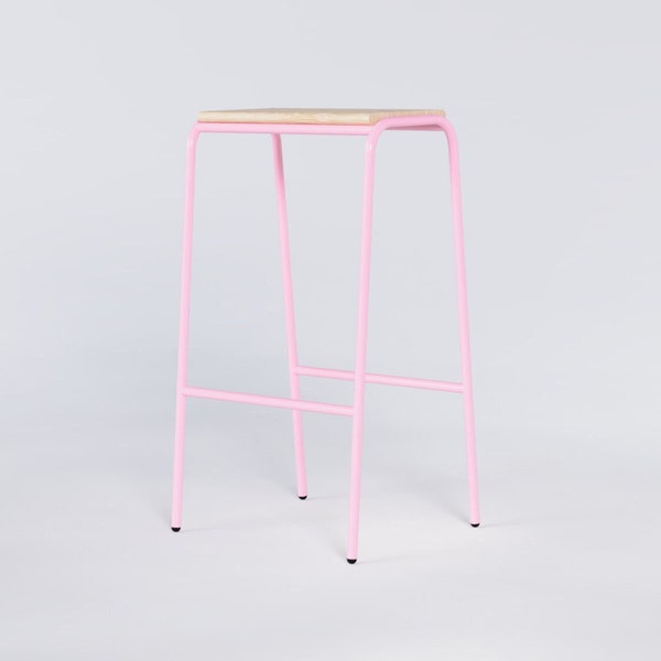 Solid Oak / Baby Pink Bar Stool - Stackable Minimalist Pink Bar Stool (aged oak, natural oak, light oak)