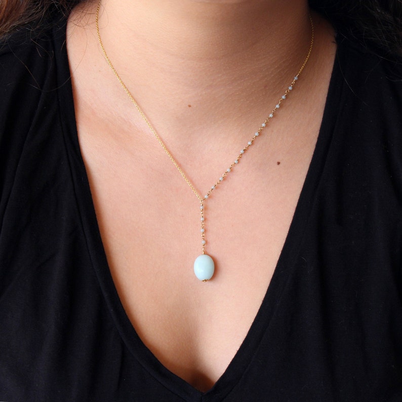 Blue Lariat Necklace Hand Wrapped Amazonite and Gold Plated Sterling Silver Necklace Minimalist Necklace Y Neck Gemstone Lariat Necklace