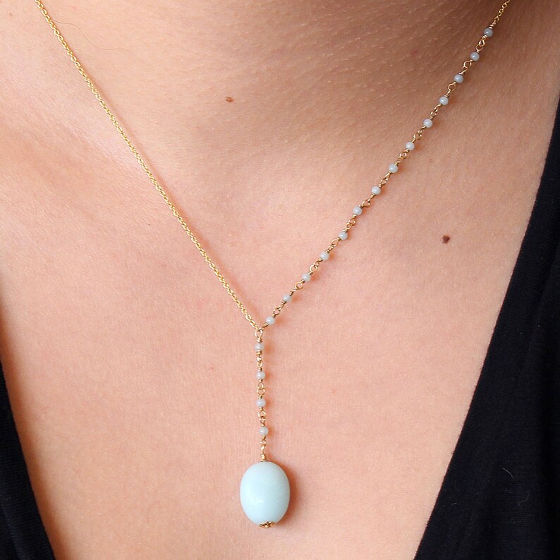 Blue Lariat Necklace Hand Wrapped Amazonite and Gold Plated Sterling Silver Necklace Minimalist Necklace Y Neck Gemstone Lariat Necklace