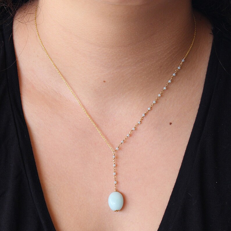 Blue Lariat Necklace Hand Wrapped Amazonite and Gold Plated Sterling Silver Necklace Minimalist Necklace Y Neck Gemstone Lariat Necklace