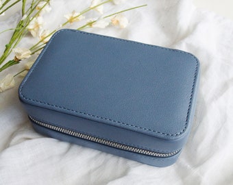 Blue Faux Leather Travel Jewelry Case: Small Portable Organizer