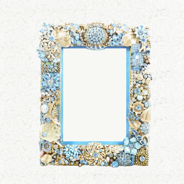 Cornflower Blue Jeweled Photo Frame, Spectacular Summer Decor, Picture Frame, Swarovski Rhinestones, Vintage Jewelry, Bling,for 5x7 photo