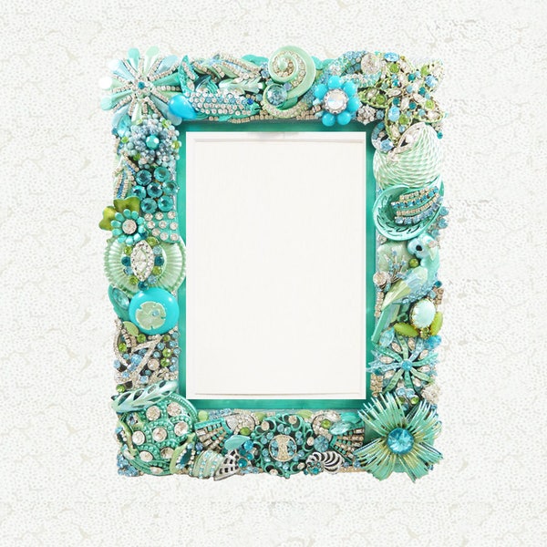 Beach Decor, Dazzling Jeweled Picture Frame, Aqua Blue, Vintage Jewelry, Swarovski, Tropical Turquoise, Sparkly, Unique, Bling
