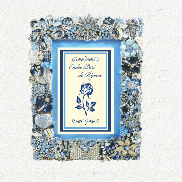 Dazzling Jeweled Picture Frame, Blue, Unique, Silver, Swarovski Sapphire Crystals, Sparkle, "Blue Bejeweled Bow"