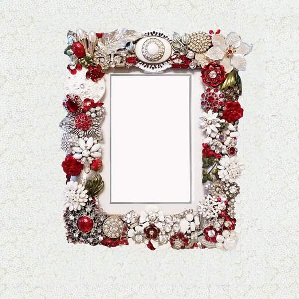 Holiday Decor, Dazzling Jeweled Picture Frame, Red, White, Silver, Swarovski, Vintage Jewelry, Christmas Frame, Perfect Christmas Gift