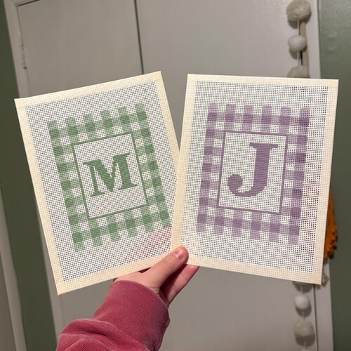 Custom Initial Gingham Checkered Needlepoint  – 13 Mesh Hand-Painted Canvas Only Monogram Initial