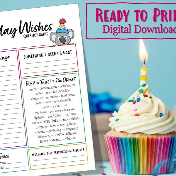 PRINTABLE Birthday Wishes Questionnaire, Wish List, Favorites List, Birthday Buddies, Office Birthdays, PDF