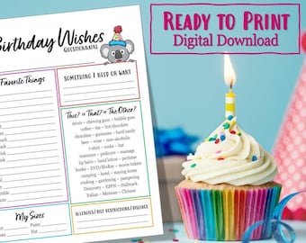 PRINTABLE Birthday Wishes Questionnaire, Wish List, Favorites List, Birthday Buddies, Office Birthdays, PDF