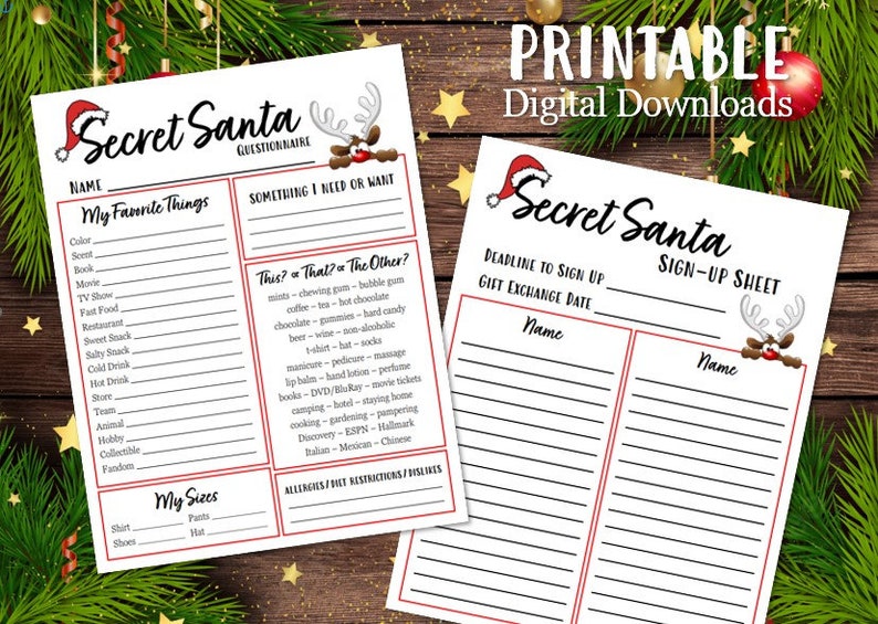 PRINTABLE Secret Santa Questionnaire, Holiday Gift Exchange Form