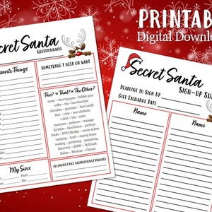 Cuestionario secreto de Papá Noel IMPRIMIBLE, formulario de intercambio de regalos navideños, entrega de regalos para fiestas en la oficina, lista de deseos navideños, hoja de registro, PDF