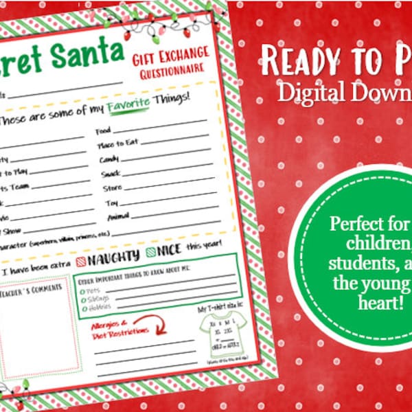 PRINTABLE Secret Santa Questionnaire, Kid-Friendly, Holiday Gift Exchange Form, Class Parties, Scout Meetings, Christmas Wish List, PDF