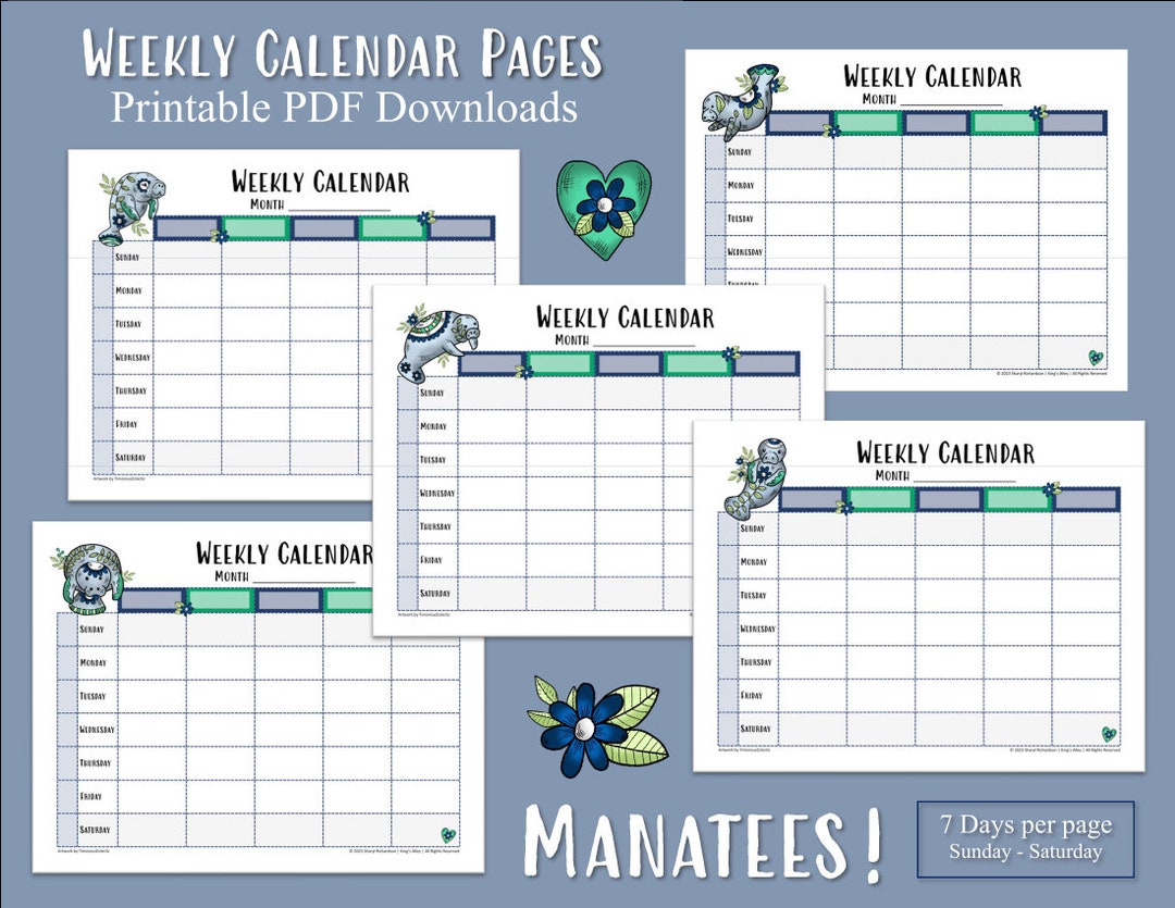 Weekly Family Calendar Pages, Printable Digital Downloads, PDF, Blue ...