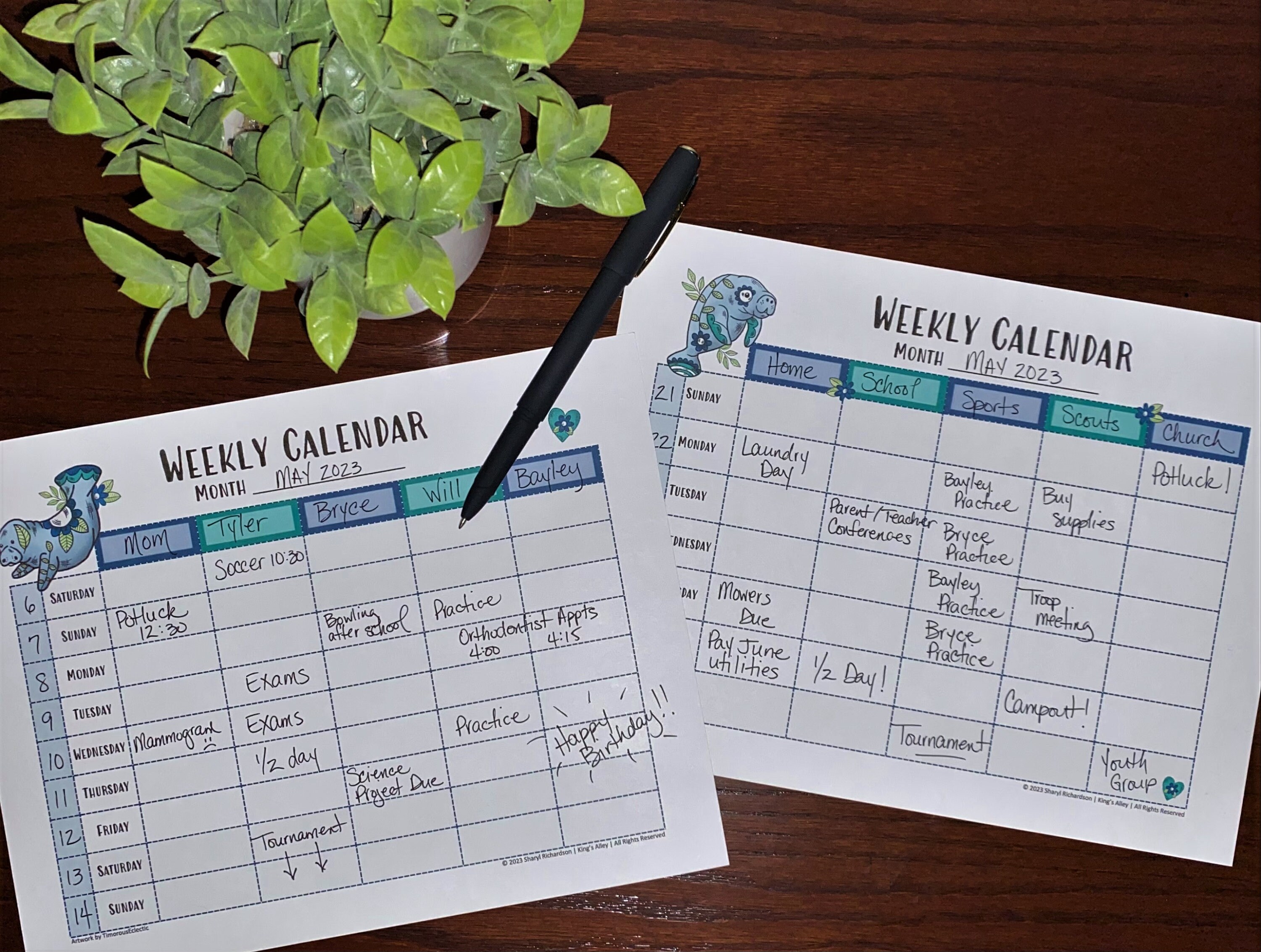 Weekly Family Calendar Pages, Printable Digital Downloads, PDF, Blue ...