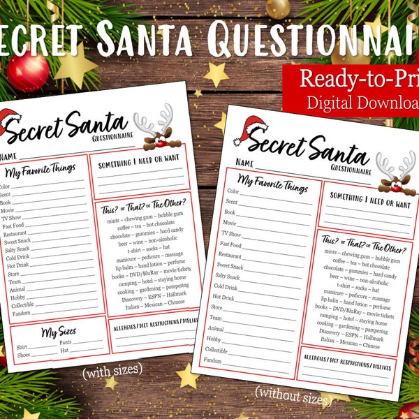PRINTABLE Secret Santa Questionnaire, Holiday Gift Exchange Form, Office Party Gift Giving, Christmas Wish List, Low Ink, PDF