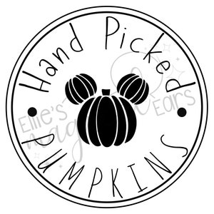 May include: Black and white illustration of a pumpkin with Mickey Mouse ears. The text "Hand Picked Pumpkins" is written in a circle around the pumpkin.