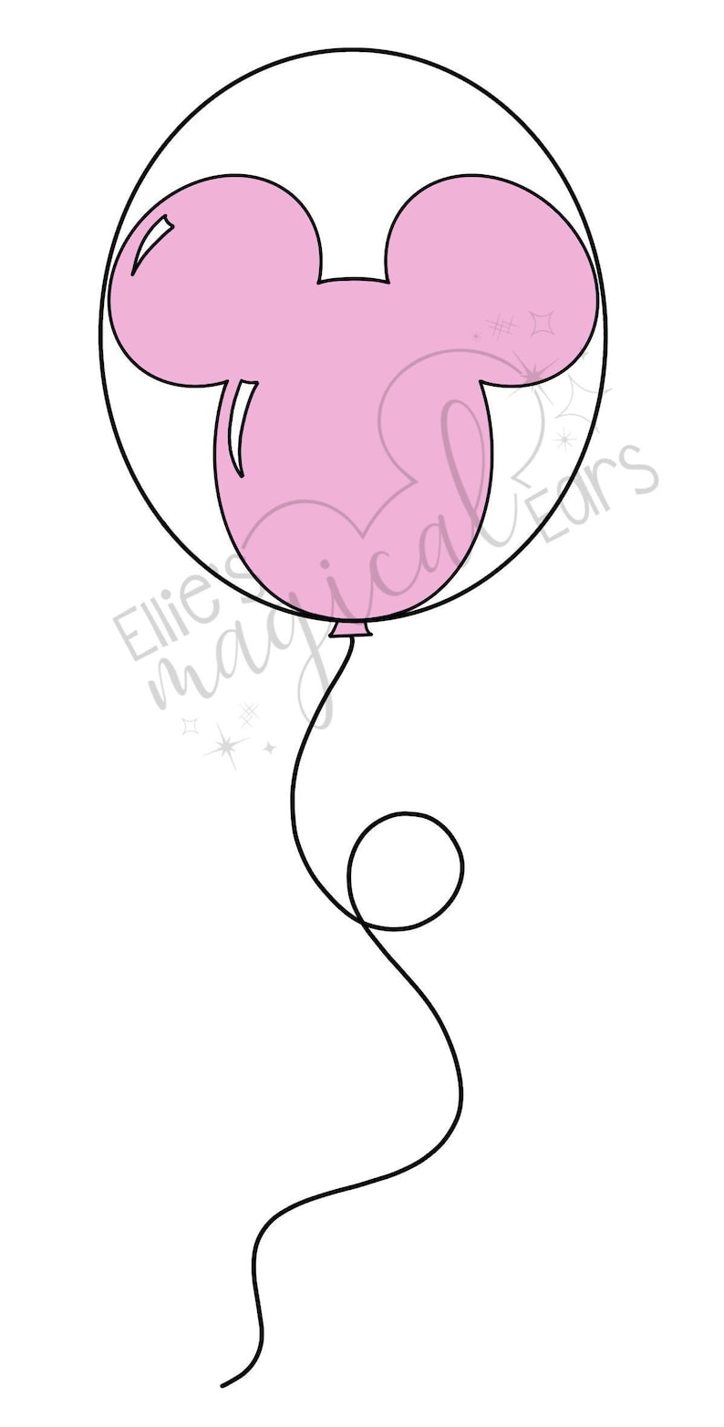 K&ouml;nnte beinhalten: Ein rosa Mickey Mouse-f&ouml;rmiger Ballon in einem durchsichtigen Ballon, mit einer schwarzen Schnur und einer Schlaufe unten. Das Design befindet sich auf wei&szlig;em Hintergrund. Der Text links lautet "Ellie Magical Ears".