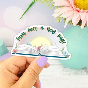 Een nieuwe pagina omdraaien gestanste sticker, leesgrage cadeaus voor lezers, cadeaus voor lezer, liefdesstickers boek, één hoofdstuk, leessticker, leessticker