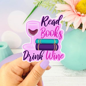 Pegatina troquelada "Leer libros y beber vino" ~ Pegatina de libros, Pegatina de pila de libros, Regalos para lectores, Pegatinas de amor por los libros, Regalos para bibliófilos