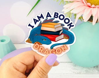 Book Dragon Sticker – Fantasy Reader Vinyl Die Cut Decal for Laptops, Journals & Water Bottles – Cute Bookish Gift for Bibliophiles
