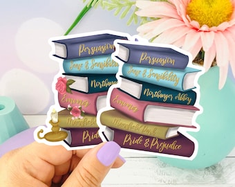 Jane Austen Bücherstapel (mit Blumen/ohne) Die Cut Sticker, Buchliebhaber Geschenke für Leser, Jane Austen Liebhaber Geschenke, Buch liebe Sticker