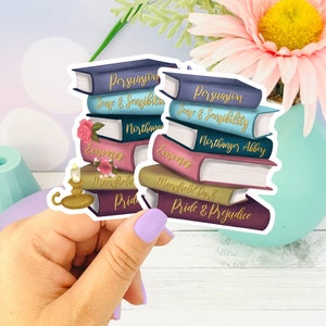 Jane Austen Themed Book Stack (with flowers/without) Die Cut Sticker, Bookish Gifts for Readers, Jane Austen Lover Gifts, Book Love Stickers