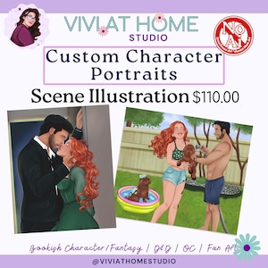 May include: Custom character portraits illustration with two scenes. The first scene shows a couple kissing, and the second scene shows a woman and a man with a dog. Text includes "Vivi at Home Studio" and "Scene Illustration".