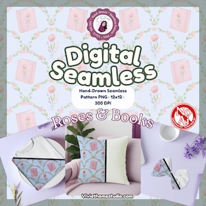 Peut inclure: Motif numérique sans couture avec des roses et des livres. L'image présente un oreiller, un t-shirt et un nœud papillon, tous affichant le motif. Le motif comprend des roses roses et des illustrations de livres sur fond bleu clair. Le texte "Digital Seamless" est affiché.