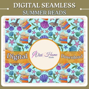 May include: Seamless digital paper pattern featuring stacks of books, seashells, starfish, and palm leaves on a light blue background. The text "Digital Download" is in the centre of the image.