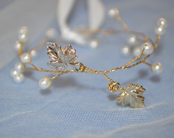 Crystal and Pearl and Leaf Bridal Bracelet, Rose Gold Wedding Cuff, Delicate Ribbon Bracelet, Boho Bracelet, Bridesmaid Bracelet