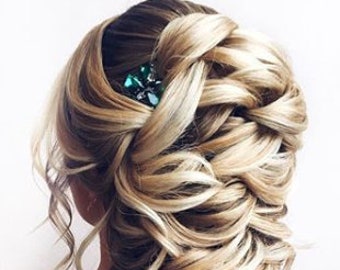 Bridal hair pin emerald, gold hair piece emerald, wedding hair accessories, emerald hair clip gold, green hairpin, emerald headpiece gold
