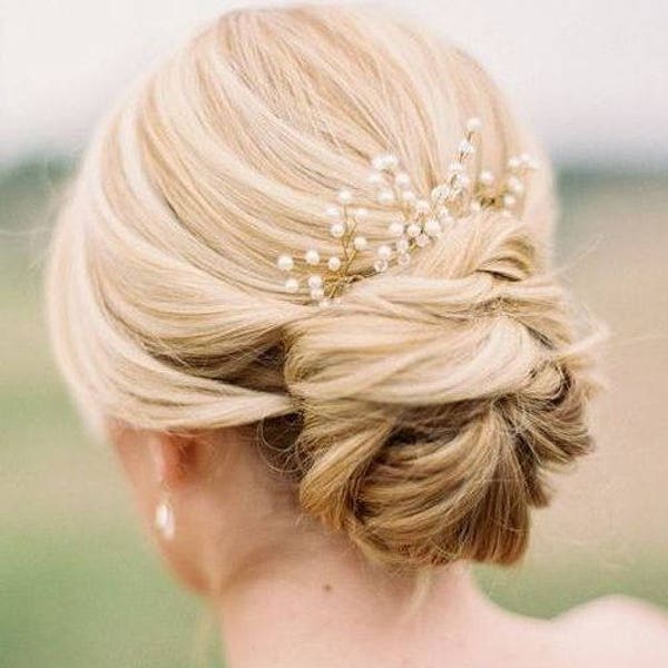 Set of 3  Bridal hair pin Gold Pearl Hair Pin Gold hair pin Branch hair pin Baby's Breath Hair Pieces Pearl Hair Pins Beaded Hair pins