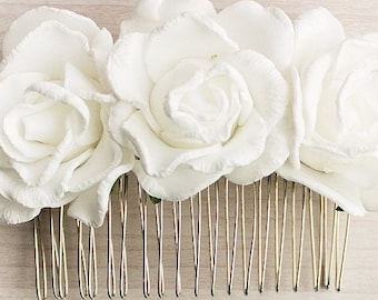 White bridal hair comb Wedding hair comb Bridal Hair Comb Wedding Hair Accessory White Rose Flowers Flower Comb Floral Hair Comb Christmas