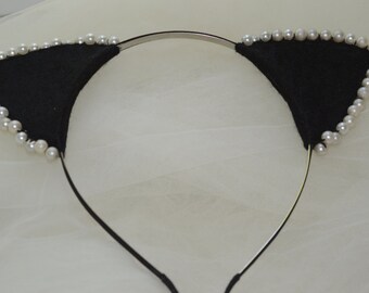 Sparkly Black Cat Ears on a Slim satin Headband Hair Band Halloween or Hen Night