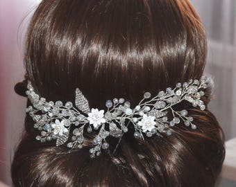 Parure de tête, bandeau d’argent, peigne à cheveux argent, vigne de cheveux argent, peigne à cheveux fleur, cristal bandeau de mariée, accessoires de cheveux de mariée