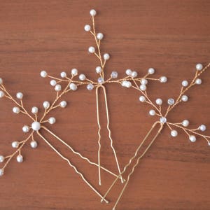 Set of 3 Bridal hair pin Gold Pearl Hair Pin Gold hair pin Branch hair pin Baby's Breath Hair Pieces Pearl Hair Pins Beaded Hair pins image 8