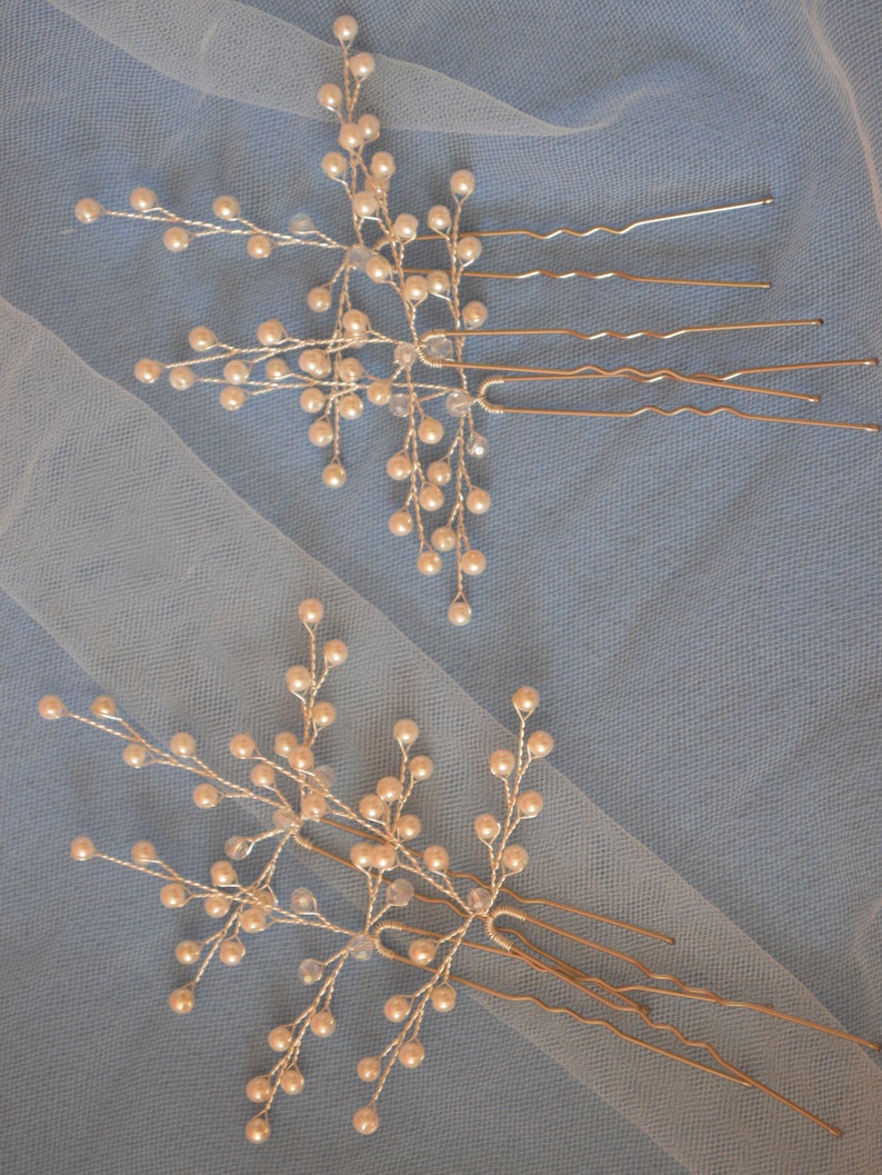 Set of 3 Bridal hair pin Gold Pearl Hair Pin Gold hair pin Branch hair pin Baby's Breath Hair Pieces Pearl Hair Pins Beaded Hair pins image 6