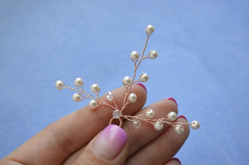 Set of 3 Bridal hair pin Gold Pearl Hair Pin Gold hair pin Branch hair pin Baby's Breath Hair Pieces Pearl Hair Pins Beaded Hair pins image 5