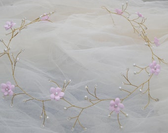 Bridal hair vine Crystal hair piece  pink flower crown wedding headpiece flower crown bridal headband Bridal hair piece pearls head wreath