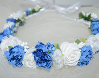 White Floral Crown Blue Bridal headpiece Bridal floral crown Blue Wedding headpiece Bridal flower crown Wedding flower crown Bridal headband