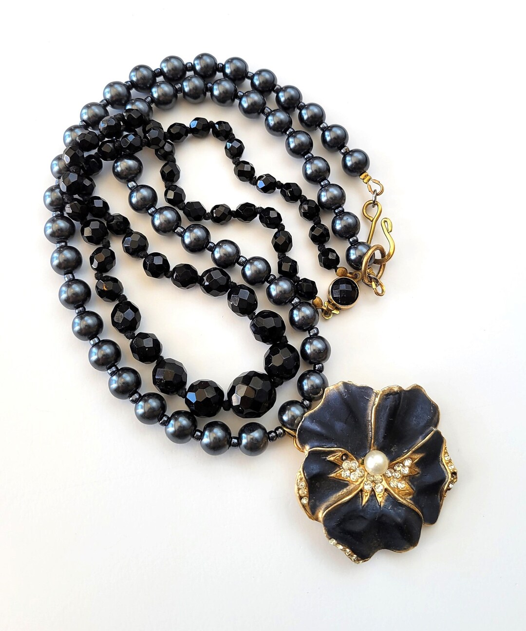 Lot of Two Vintage Glass Bead Necklaces, Redesigned, Knotted Jet Black