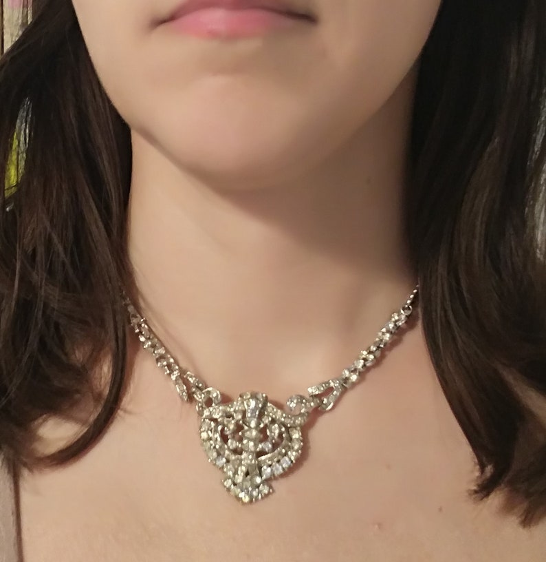Midcentury Pale Yellow Crystal Necklace Brooch and Earring Set
