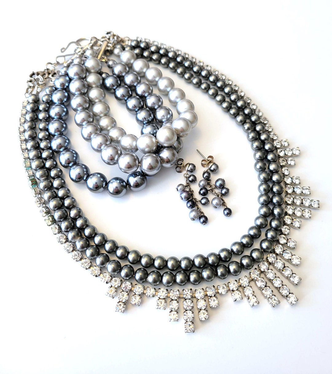 Vintage Grey Pearls and Rhinestone Necklace, Bracelet and