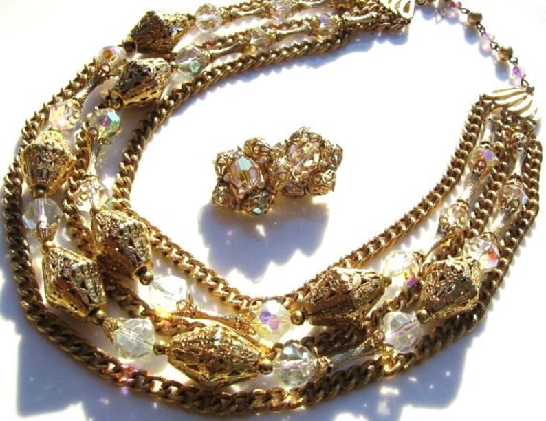 Vintage gold and aurora borealis necklace with matching clip on earrings