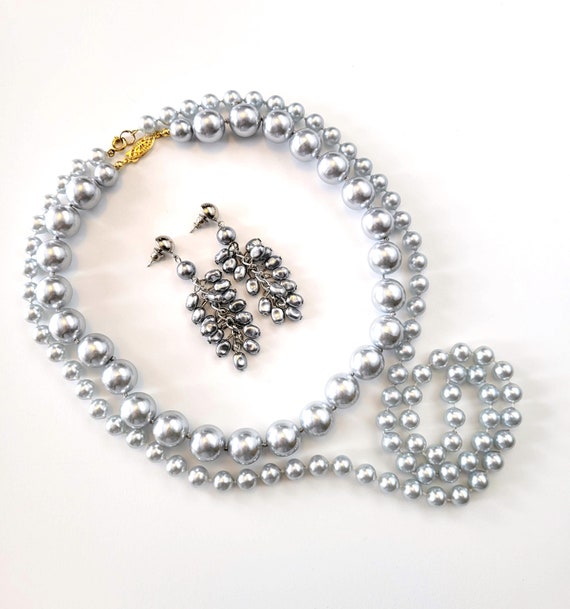 Lot of Two Vintage Grey Faux Pearl Necklaces and Earrings