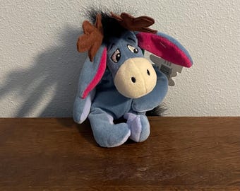 1990er Jahre The Disney Store Eeyore Reindeer Beanie Doll - Vintage Disney Stopfte Rentier Eeyore Sitzsack-Puppe