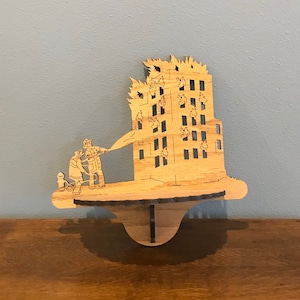 Vintage Firefighter Themed Wooden Display Shelf- Carved Wooden Firefighter Shelf