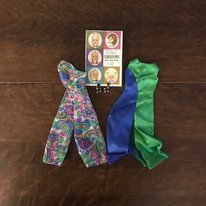 1960’s Barbie Patio Party Outfit- Mid Century Barbie Doll One Shoulder Jumpsuit, Satin Dress, and Earrings Set, with Barbie Fashions 3