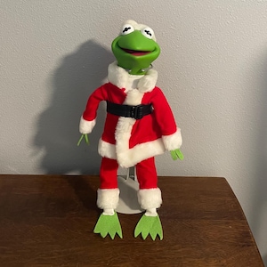 1990 Hamilton Gifts Santa Kermit the Frog Doll- Vintage Christmas Kermit Muppet Doll with Stand