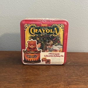 1992 Crayola Collectible Holiday Tin Ornament Set- Vintage Crayola Christmas Ornament, Box of 64 Crayons, and Collectible Tin
